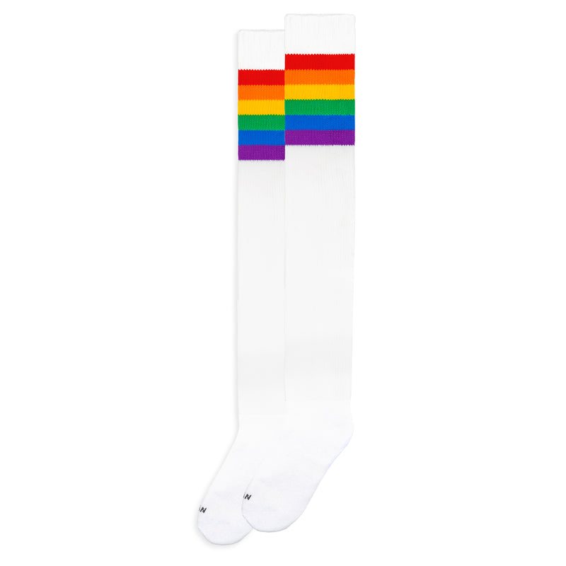 Rainbow Pride - Ultra High rainbow flag over the knee socks old school thigh high socks with classic retro stripes by American Socks